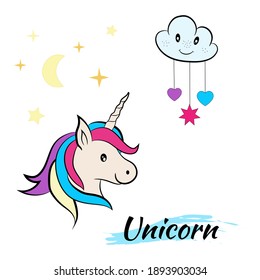 Magic cute unicorn in cartoon style. Cute collection of unicorns with flowers and magic items. Cute magic background with unicorn, rainbow and stars.