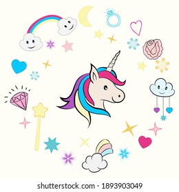 Magic cute unicorn in cartoon style. Cute collection of unicorns with flowers and magic items. Cute magic background with unicorn, rainbow and stars.