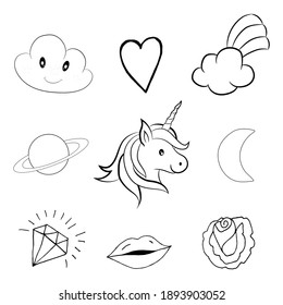 Magic cute unicorn in cartoon style. Cute collection of unicorns with flowers and magic items. Cute magic background with unicorn, rainbow and stars.