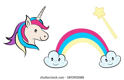 Magic cute unicorn in cartoon style. Cute collection of unicorns with flowers and magic items. Cute magic background with unicorn, rainbow and stars.
