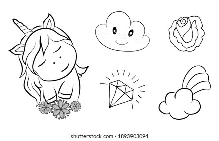 Magic cute unicorn in cartoon style. Cute collection of unicorns with flowers and magic items. Cute magic background with unicorn, rainbow and stars.