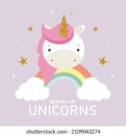 Magic Cute Unicorn in cartoon style. Vector illustration. For kids stuff, card, posters, banners, children books, printing on the pack, printing on clothes, fabric, wallpaper, textile or dishes.