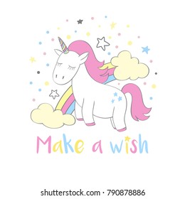 Magic cute unicorn in cartoon style with hand lettering Make a wish. Doodle unicorn with rainbow and clouds vector illustration for cards, posters, kids t-shirt prints, textile design.