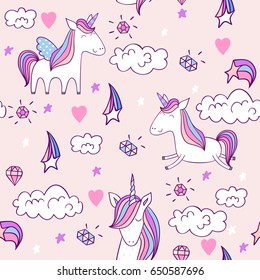 Magic cute unicorn with castle. Vector seamless pattern
