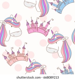 Magic cute unicorn with castle. Vector seamless pattern