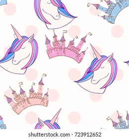 Magic cute unicorn with castle. Vector seamless pattern