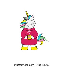 Magic cute unicorn with cup of tea, vector illustration