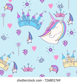 Magic cute unicorn with magic elements. Vector seamless pattern