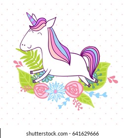 Magic cute unicorn with flowers. Vector greeting card.
