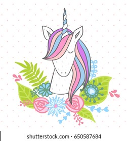 Magic cute unicorn with flowers. Vector greeting card.