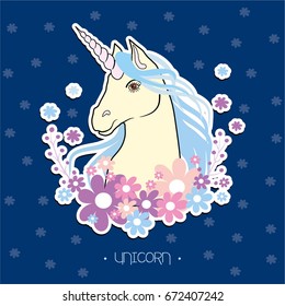 Magic cute unicorn with flowers. Vector greeting card. The head of the magic unicorn. Vector illustration magic horse.