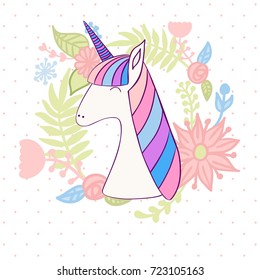Magic cute unicorn with flowers. Vector greeting card.