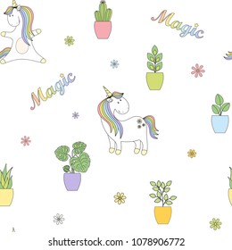 Magic cute unicorn in the garden Seamless Vector Pattern. Vector background