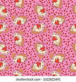 Magic cute unicorn with heart Seamless pattern. Happy Valentine's Day card. Dream symbol.  Design for children.  T-shirt graphics. Illustration for fashion print, poster, textiles, cards.