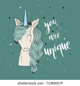 Magic cute unicorn with hearts. Vector greeting card. You are unique.