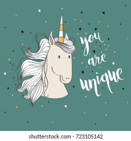 Magic cute unicorn with hearts. Vector greeting card. You are unique.