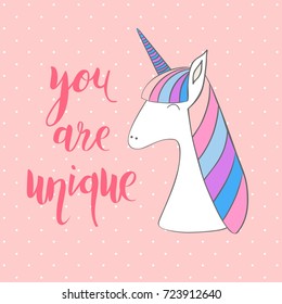 Magic cute unicorn with hearts. Vector greeting card. You are unique.