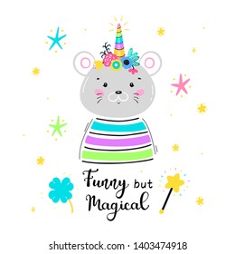 Magic Cute Unicorn Mouse with Flower Horn and "Funny but Magical" quote Vector Illustration. Kawaii Rat Animal t-shirt Print, Baby Shower Card, Nursery Poster, Birthday
