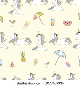 Magic cute unicorn on the beach Seamless Vector Pattern. Vector background