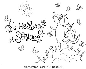 Magic cute unicorn on the cloud with butterfly isolated on white. Hello Spring card. Hand drawn vector illustration. Perfect for print, coloring book, greeting card.