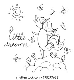 Magic cute unicorn on the cloud with butterfly isolated on white. Litlle dreamer. Hand drawn vector illustration. Perfect for print, coloring book, greeting card.