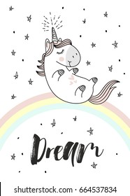 Magic cute unicorn on the rainbow, doodle nursery art