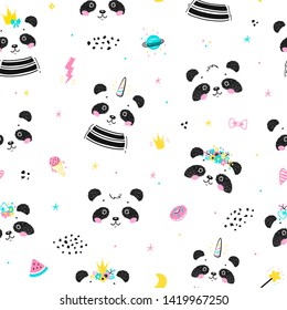 Magic Cute Unicorn Panda Bear and Little Princess Pandas with Summer Unicorn Symbols Vector Illustration for Kids. Seamless Pattern with Kawaii Animals. Print for Nursery Wallpaper, Baby Shower, Birth
