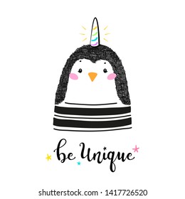 Magic Cute Unicorn Penguin with Horn and "Be Unique" quote Vector Illustration for Kids. Kawaii Animal t-shirt Print, Baby Shower Card, Nursery Poster, Birthday
