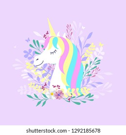 Magic cute unicorn poster, greeting card, vector illustration.Cute magic cartoon fantasy cute animal. Rainbow hair. Dream symbol. Design for children