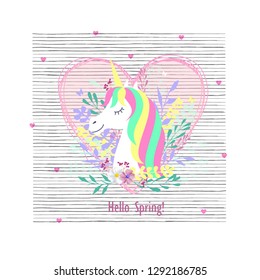 Magic cute unicorn poster, greeting card, vector illustration.Cute magic cartoon fantasy cute animal. Rainbow hair. Dream symbol. Design for children