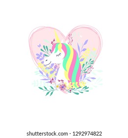 Magic cute unicorn poster, greeting card, vector illustration.Cute magic cartoon fantasy cute animal. Rainbow hair. Dream symbol. Design for children