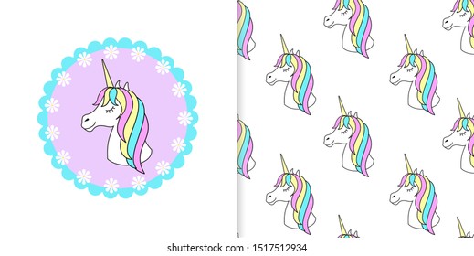 Magic cute unicorn poster, greeting card, vector illustration.Cute magic cartoon fantasy cute animal. Children's print on the T-shirt and seamless pattern. 