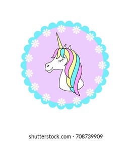 Magic cute unicorn poster, greeting card, vector illustration.Cute magic cartoon fantasy cute animal. Rainbow hair. Dream symbol. Design for children