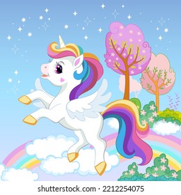 Magic cute unicorn with rainbow mane and tail in the sky. Children cartoon background. Vector illustration. For print, design, posters, cards, stickers, decor, kids apparel, baby shower and invitation