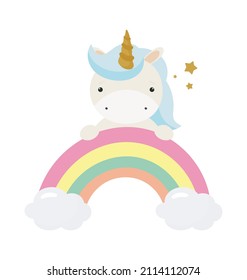 Magic Cute Unicorn with rainbow. Vector illustration Cartoon. For kids stuff, card, posters, banners, children books, printing on the pack, printing on clothes, fabric, wallpaper, textile or dishes.