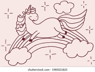 magic and cute unicorn rides in the clouds on the rainbow