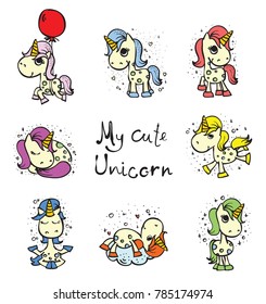 Magic cute unicorn set. Vector illustration for greeting card design, t-shirt print