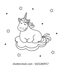 magic cute unicorn sleeping on the cloud, vector illustration for coloring