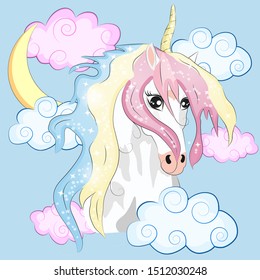 Magic cute unicorn, stars, clouds and moon poster, greeting card, illustration with outline