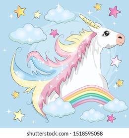 Magic cute unicorn, stars, clouds and moon poster, greeting card, illustration with outline