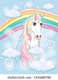 Magic cute unicorn, stars, clouds and moon poster, greeting card, illustration with outline