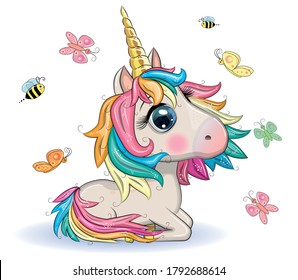 Magic cute unicorn, stars, clouds and moon poster, greeting card, illustration with outline