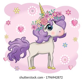 Magic cute unicorn, stars, clouds and moon poster, greeting card, illustration with outline