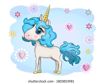 Magic cute unicorn, stars, clouds and moon poster, greeting card, illustration with outline