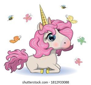 Magic cute unicorn, stars, clouds and moon poster, greeting card, illustration with outline