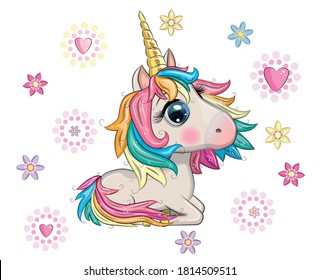 Magic cute unicorn, stars, clouds and moon poster, greeting card, illustration with outline