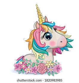 Magic cute unicorn, stars, clouds and moon poster, greeting card, illustration with outline