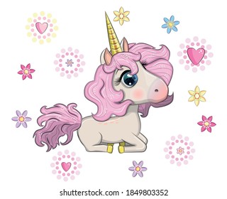 Magic cute unicorn, stars, clouds and moon poster, greeting card, illustration with outline