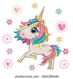 Magic cute unicorn, stars, clouds and moon poster, greeting card, illustration with outline