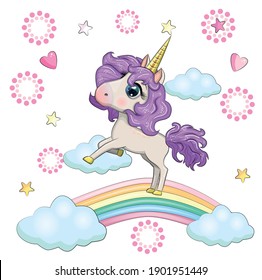 Magia lindo unicornio, estrellas, nubes y afiche lunar, tarjeta de saludo, ilustración con contorno